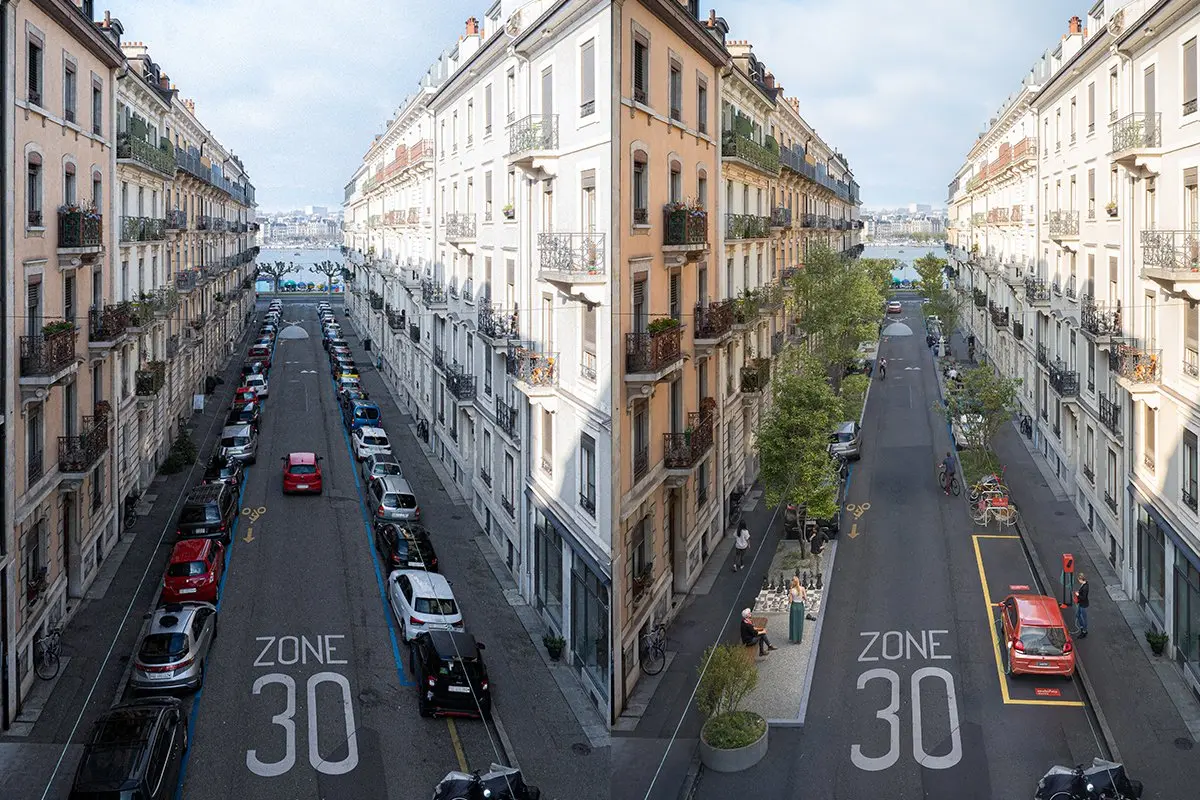 Die Rue des Vollandes in Genf im Vorher-nachher-Vergleich. 1 Mobility-Auto ersetzt in Genf 21 Privatautos. Die Strasse zeigt sich grüner, lebendiger und mit 21 Autos weniger, dafür mit einem Mobility-Standort. Diese Fotomontage wurde im Rahmen der 1:18-Kommunikation 2025 in Auftrag gegeben.
Projektmanagement: C-Factor
Fotomontage: Nightnurse
Die Anwandstrasse im Vorher-nachher-Vergleich. 1 Mobility-Auto ersetzt in Zürich 21 Privatautos. Die Strasse zeigt sich grüner, lebendiger und mit 21 Autos weniger, dafür mit einem Mobility-Standort. Diese Fotomontage wurde im Rahmen der 1:18-Kommunikation 2025 in Auftrag gegeben.
Projektmanagement: C-Factor
Fotomontage: Nightnurse
Bildkomposition und Beschriftung: Amela Becirbasic
